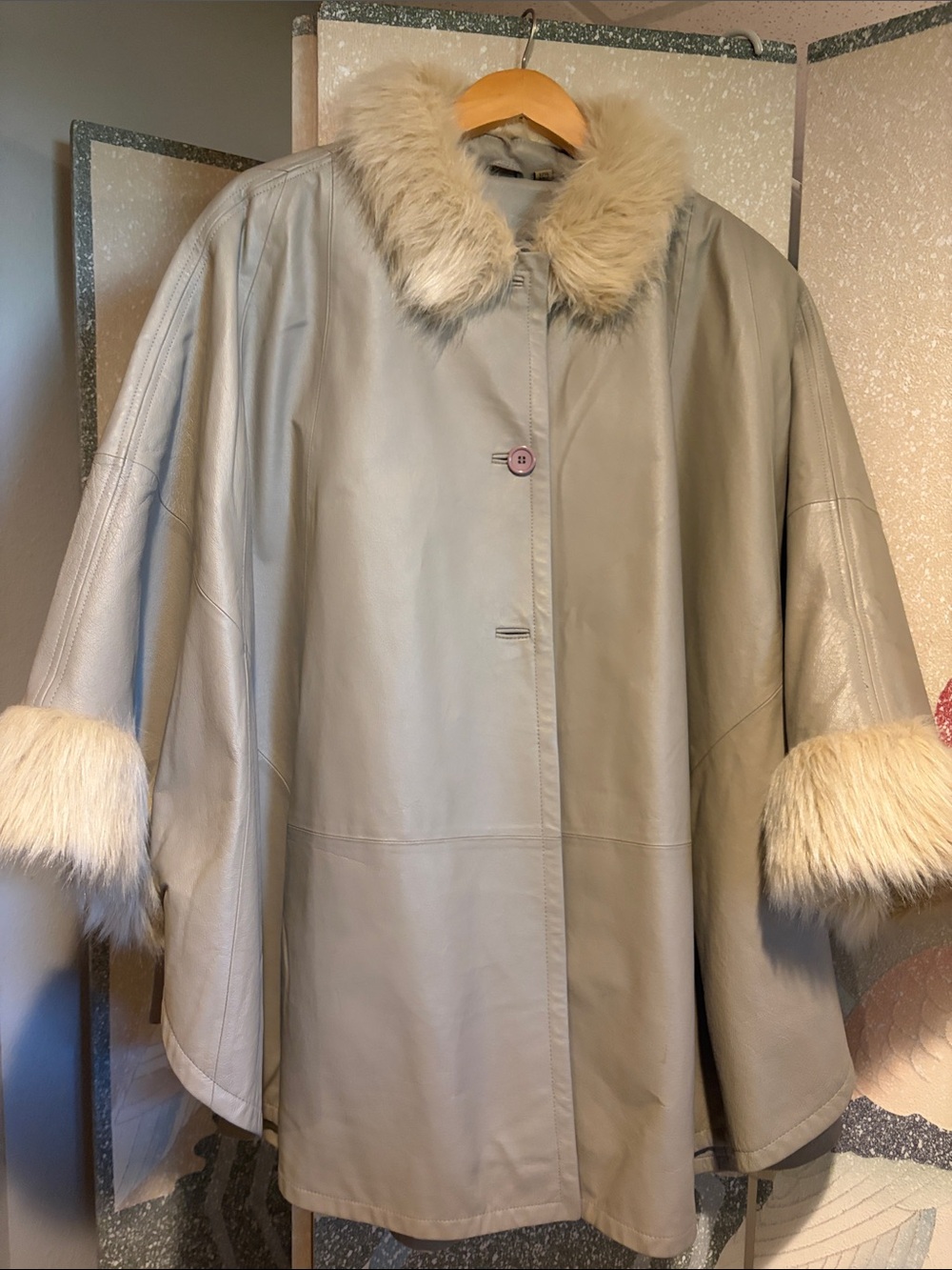 Light Gray Leather Cape with Beige Faux-Fur Trim cape by Midnight Velvet
